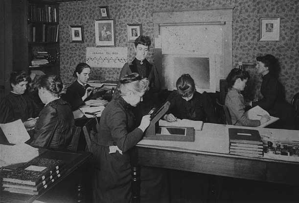 A group of women computers, directed by Williamina Fleming, back center standing.